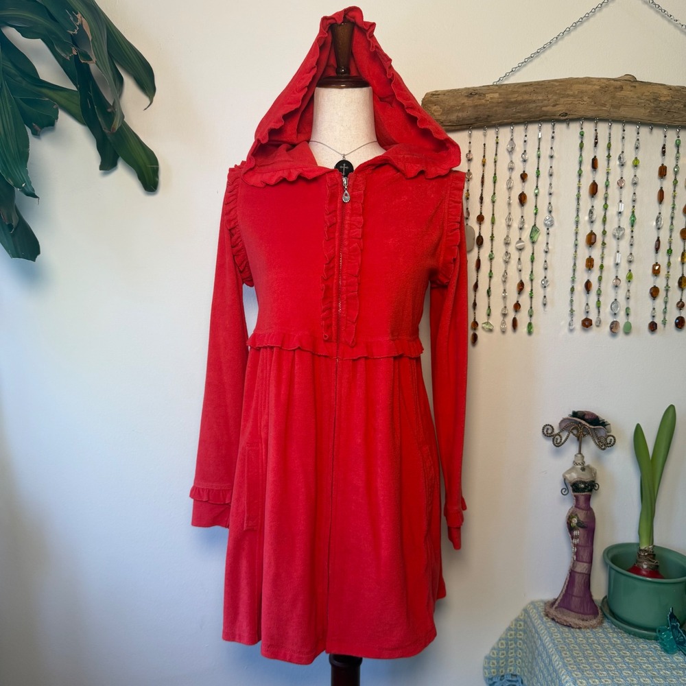 DG2 Diane Gilman Red Terrycloth Ruffle Babydoll Zip Up Tunic Hoodie Twee 90s